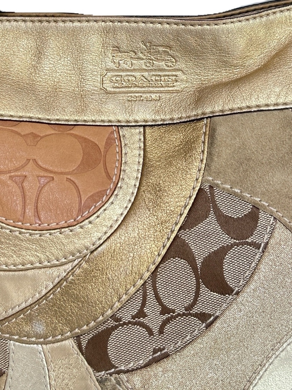 Coach Zoe Patchwork Hobo Bag Medium Brown Khaki Leather Shoulder Retro Y2K - Picture 13 of 16